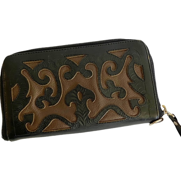 JL Saldivar Leather Clutch Wallet Black & Brown 12 Card Slots Zipper Close Vntg - Picture 1 of 7